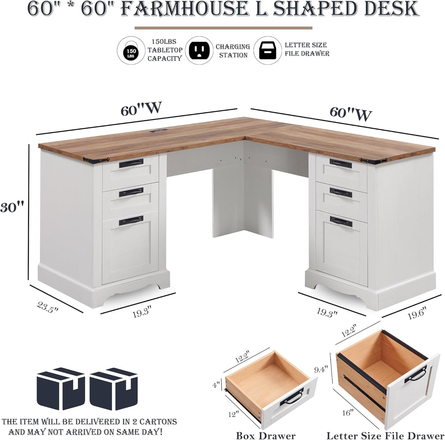 60 Inch Farmhouse L Shaped Desk Antique White With Drawers-1