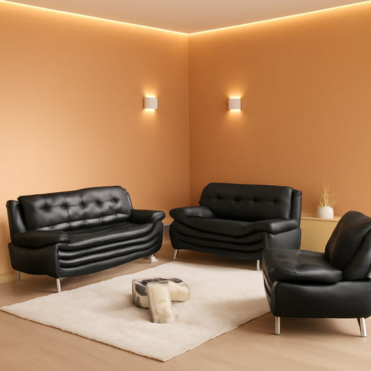 3 Piece Faux Leather Sofa Set For Living Room - Office Waiting Room - Black 3 Seater Sofa Loveseat Armchair