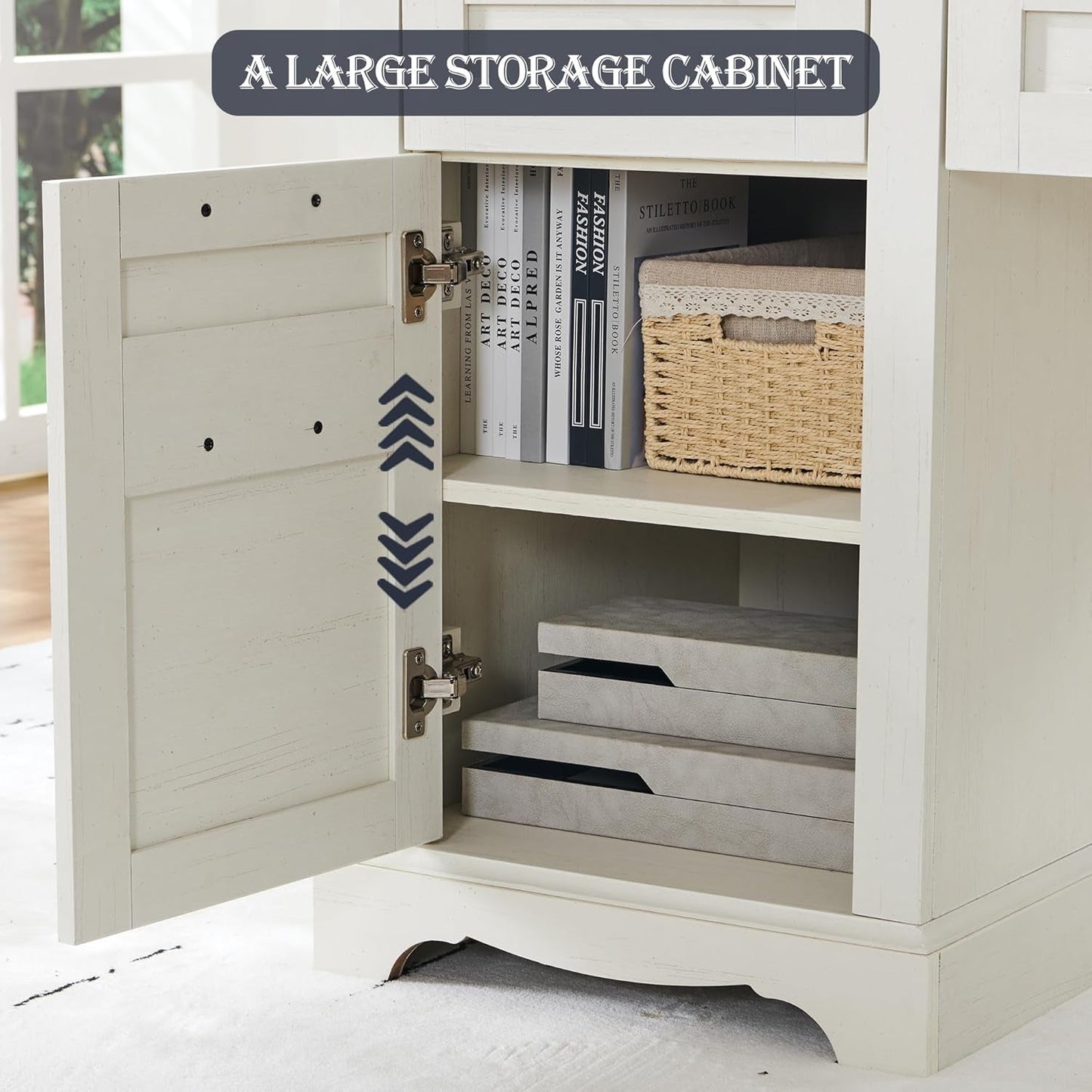 60 Inch Farmhouse L Shaped Desk Antique White With Drawers-4