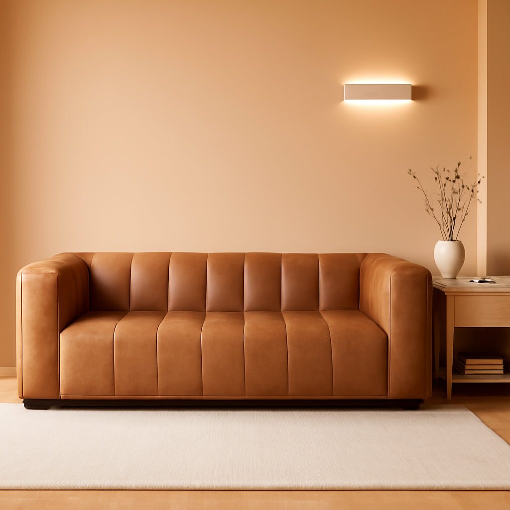 Canale 86-Inch Cognac Tan Italian Leather Sofa – Full-Grain Channel-Tufted Luxury Couch with Solid Wood Frame