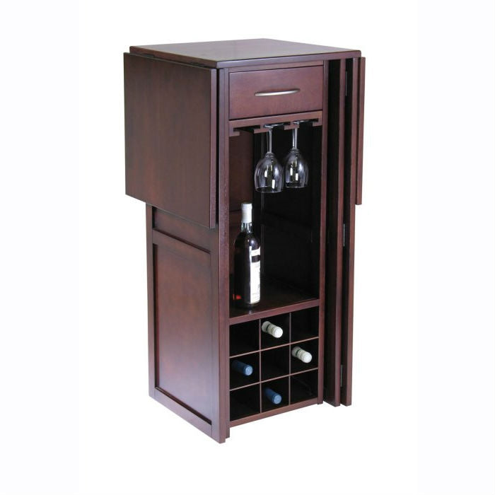 Walnut Expandable 9-Bottle Wine Rack Bar – Space-Saving Mini Bar Counter with Stemware Holders & Drawer
