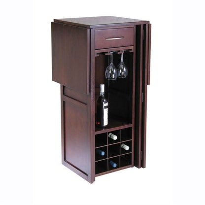 Walnut Expandable 9-Bottle Wine Rack Bar – Space-Saving Mini Bar Counter with Stemware Holders & Drawer