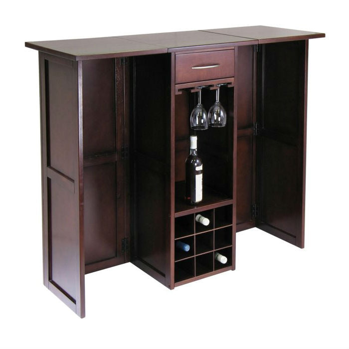 Walnut Expandable 9-Bottle Wine Rack Bar – Space-Saving Mini Bar Counter with Stemware Holders & Drawer