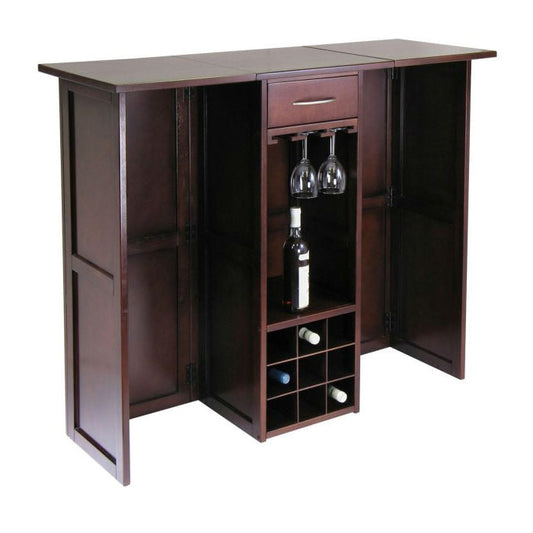 Walnut Expandable 9-Bottle Wine Rack Bar – Space-Saving Mini Bar Counter with Stemware Holders & Drawer