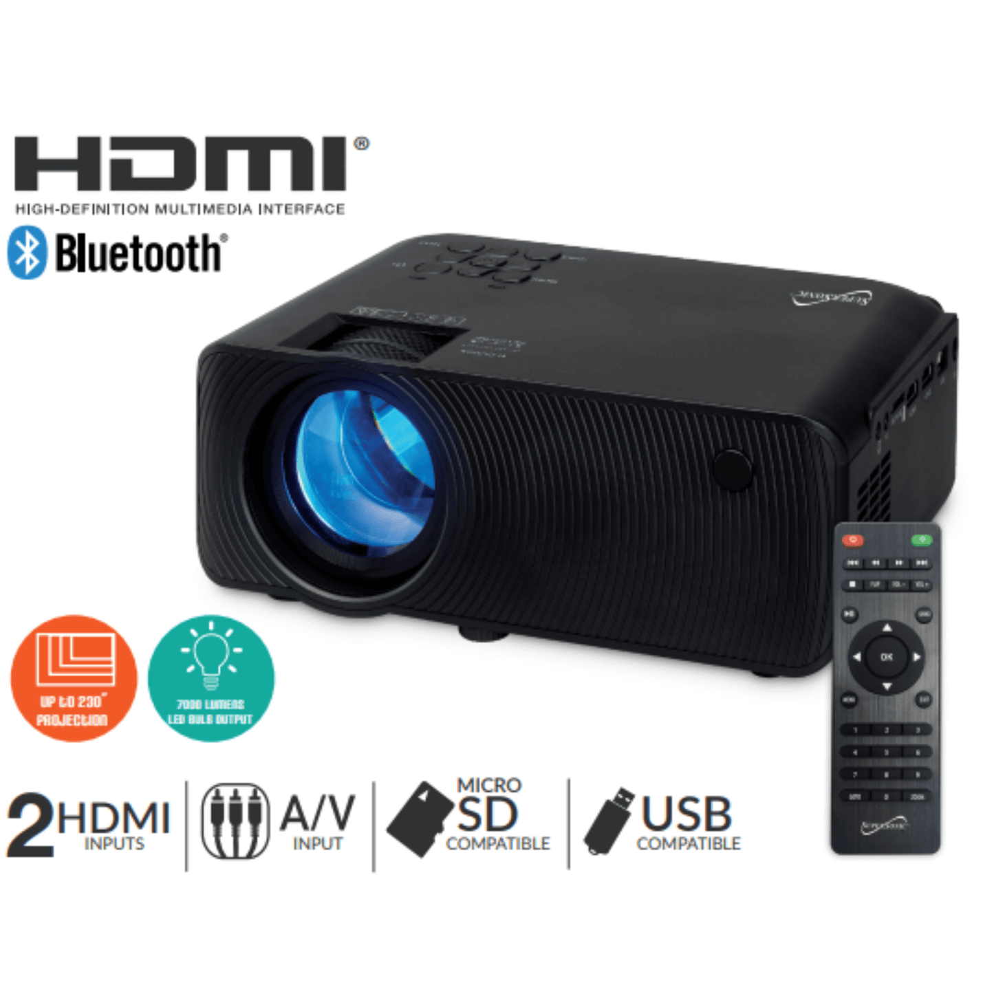 HD 1280x720 Bluetooth Home Theater Projector – 7000 Lumens Portable Mini Projector with HDMI, Wireless Audio & 230" Screen