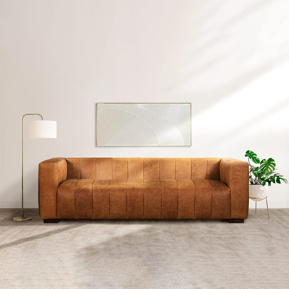Canale 86-Inch Cognac Tan Italian Leather Sofa – Full-Grain Channel-Tufted Luxury Couch with Solid Wood Frame