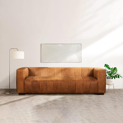Canale 86-Inch Cognac Tan Italian Leather Sofa – Full-Grain Channel-Tufted Luxury Couch with Solid Wood Frame