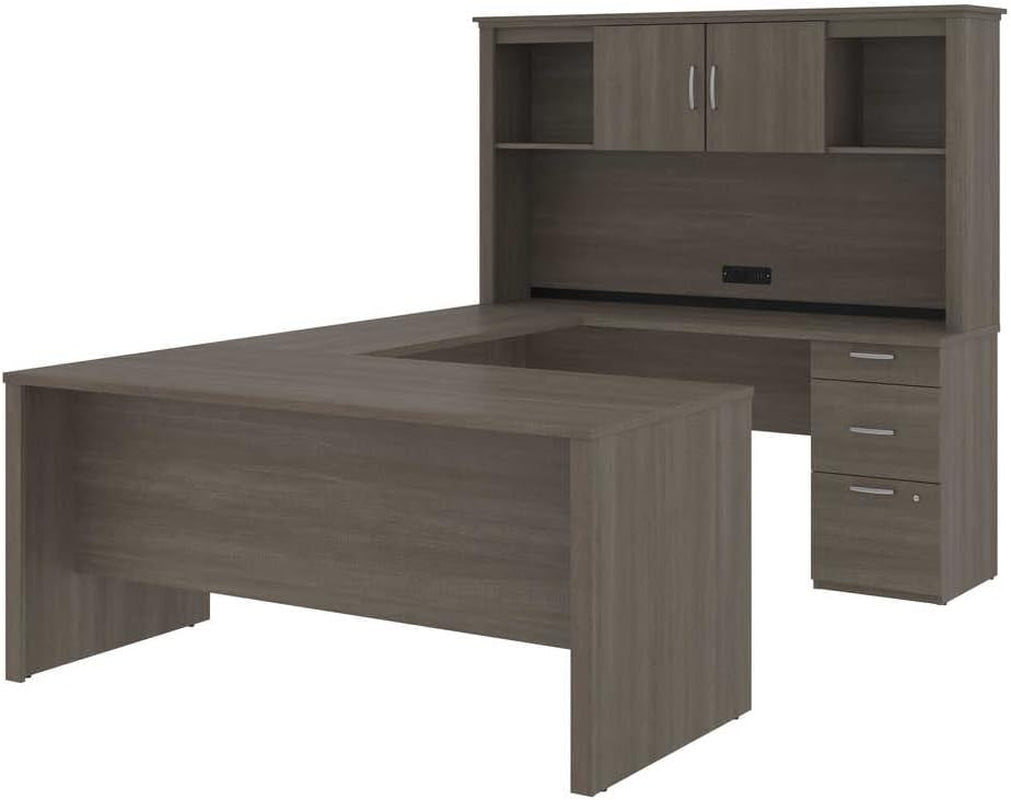 66-Inch Bark Grey U/L Executive Desk with Hutch – Flexible U-Shaped Home Office Workstation with Pedestal Drawers