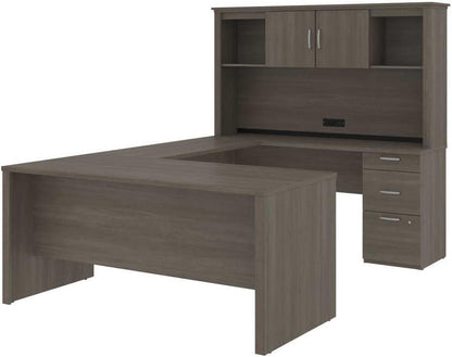 66-Inch Bark Grey U/L Executive Desk with Hutch – Flexible U-Shaped Home Office Workstation with Pedestal Drawers