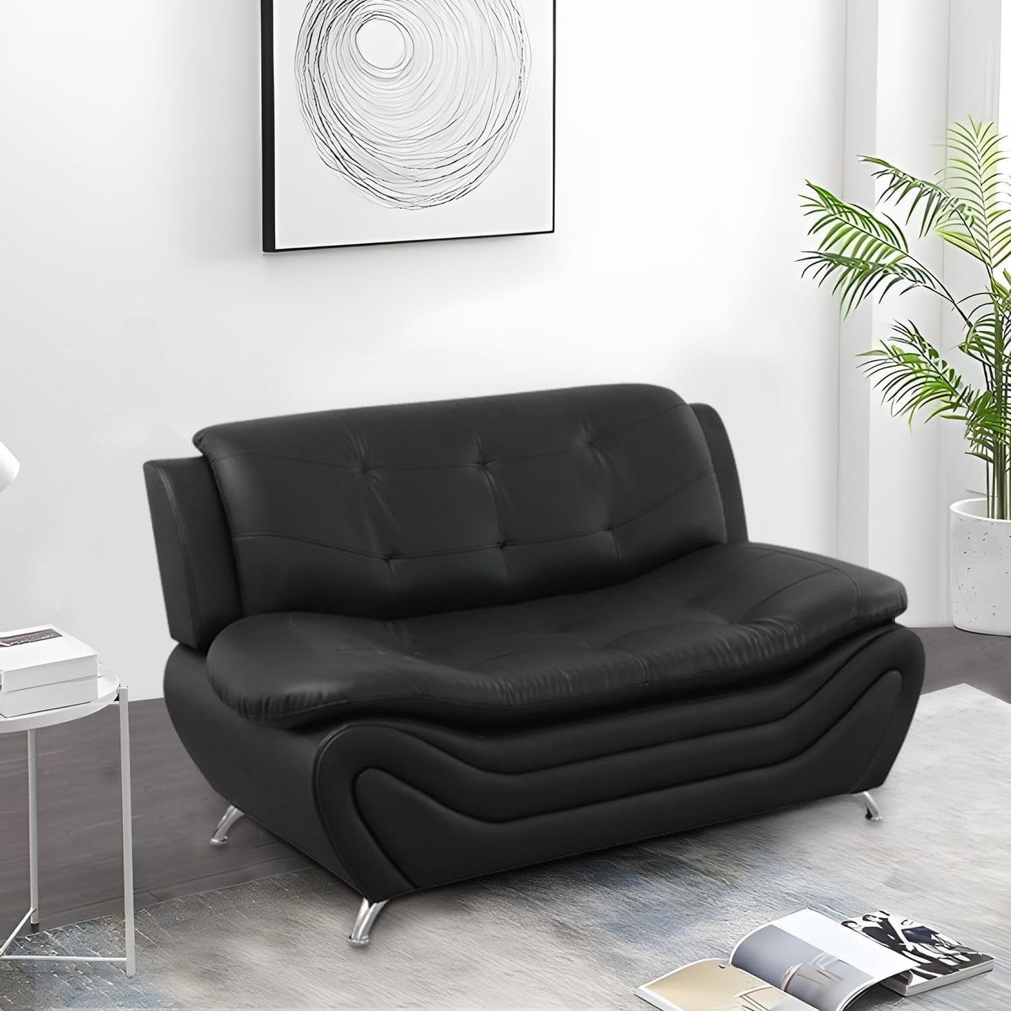 3 Piece Faux Leather Sofa Set For Living Room - Office Waiting Room - Black 3 Seater Sofa Loveseat Armchair