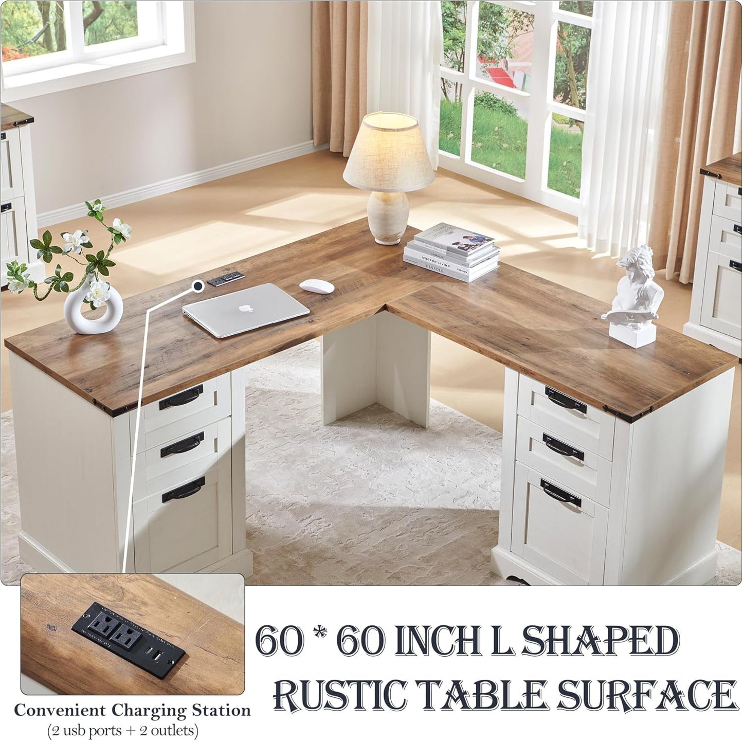 60 Inch Farmhouse L Shaped Desk Antique White With Drawers-2
