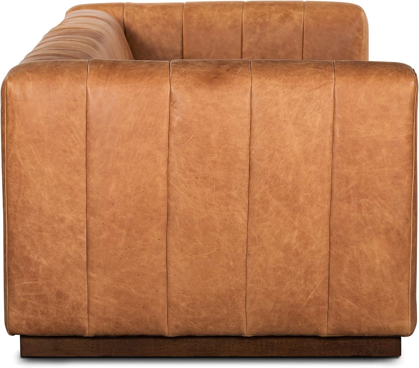 Canale 86-Inch Cognac Tan Italian Leather Sofa – Full-Grain Channel-Tufted Luxury Couch with Solid Wood Frame