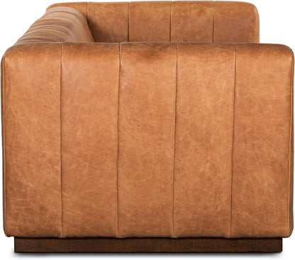 Canale 86-Inch Cognac Tan Italian Leather Sofa – Full-Grain Channel-Tufted Luxury Couch with Solid Wood Frame