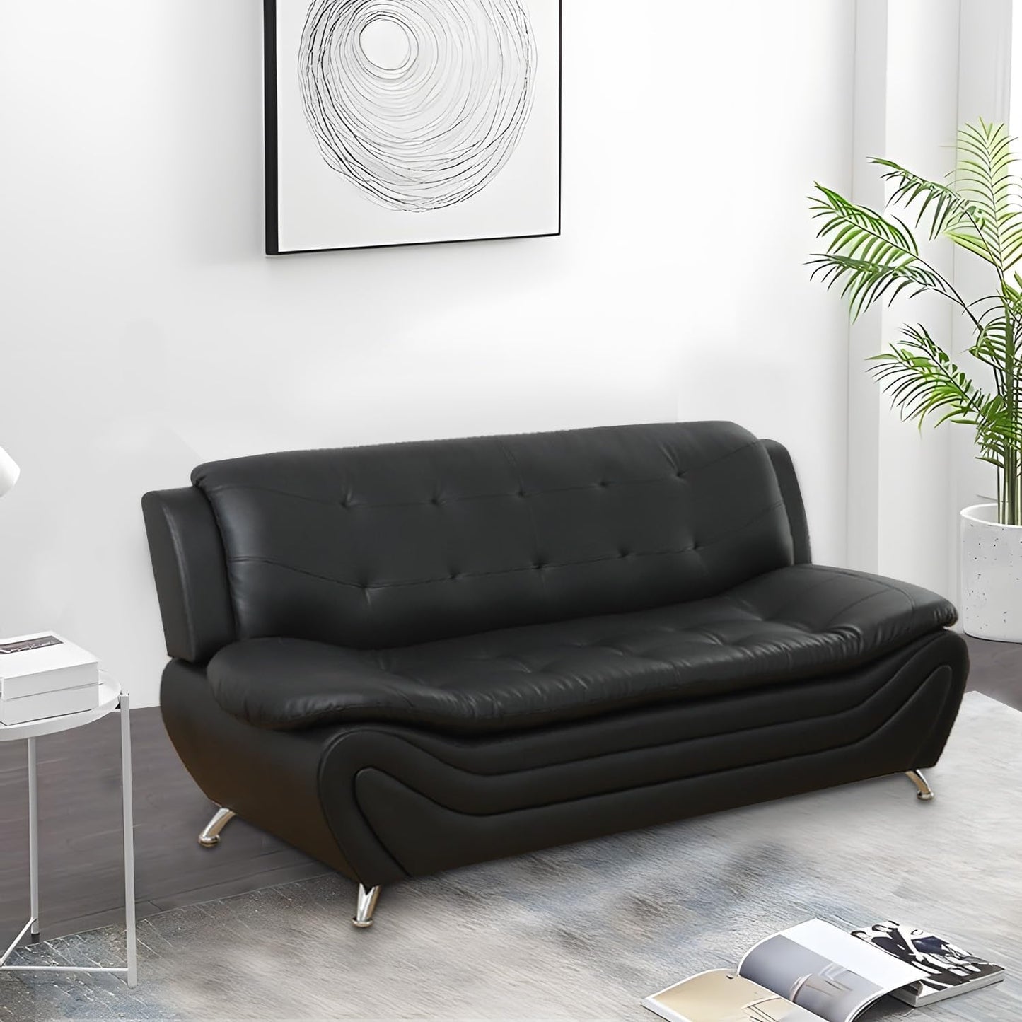 3 Piece Faux Leather Sofa Set For Living Room - Office Waiting Room - Black 3 Seater Sofa Loveseat Armchair