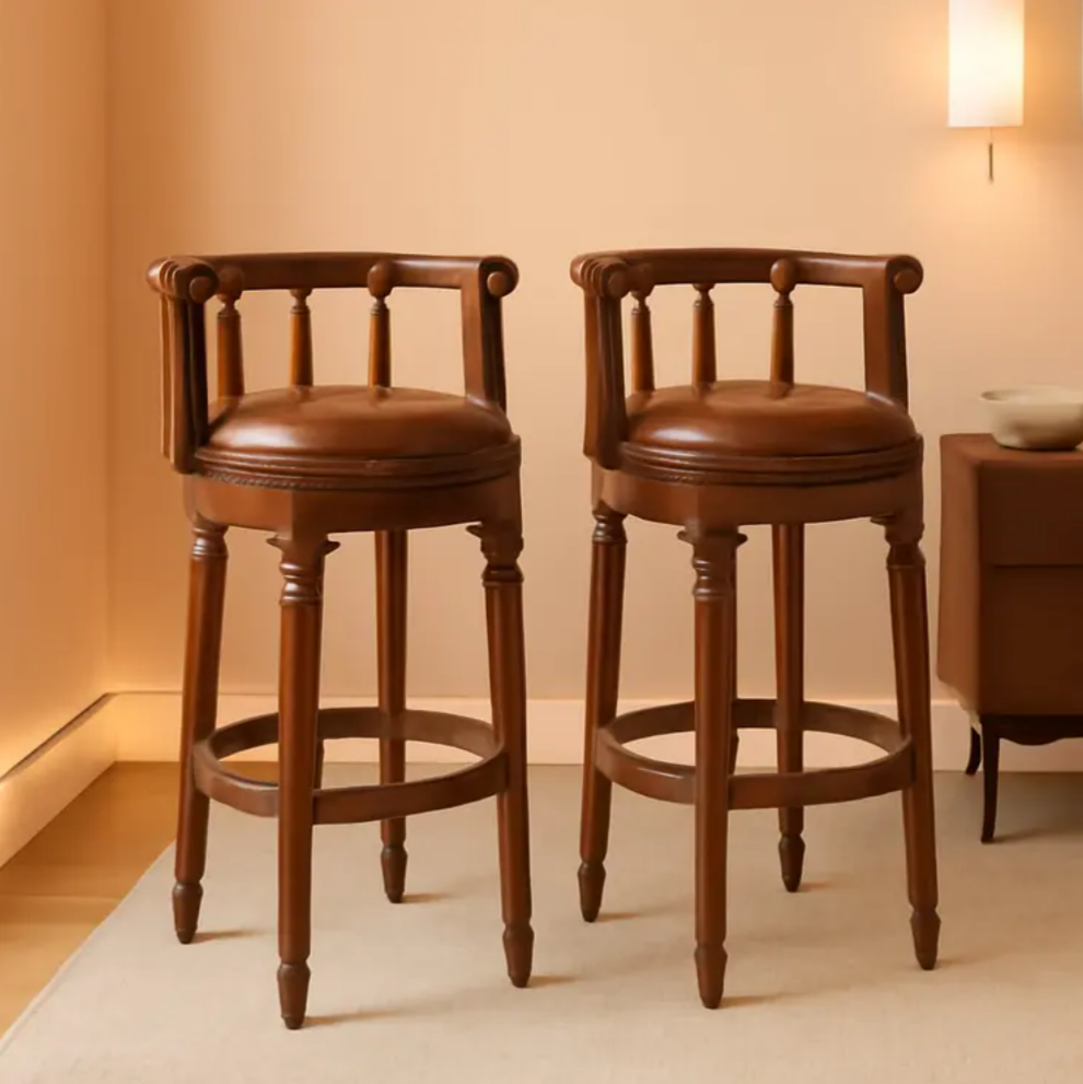 Set of 2 Brown Cow Top Leather Bar Stools – 360° Swivel Bar Height Chairs with Backs, Ivory White Wooden Frame, 29.5” Seat Height